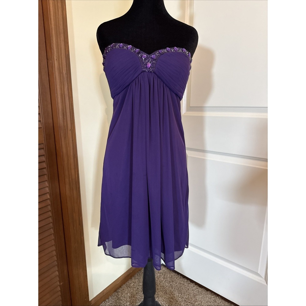 Xscape By Joanna Chen Purple Beaded Strapless Chiffon Mini Dress Sz 4 Homecoming